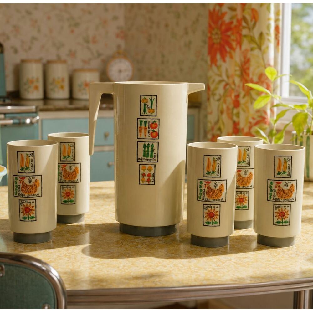 Vintage 1960s Loma Industries Farmers Market Plastic Pitcher & 5 Cup Set